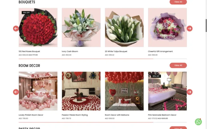 Aroma Flowers online catalogue showing bouquets and room decor with AED prices