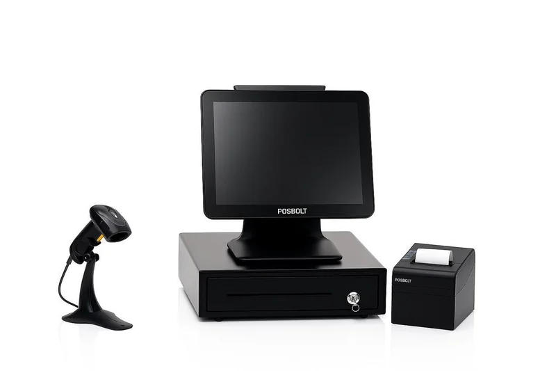 A complete counter setup with touchscreen POS, receipt printer, scanner and cash drawer