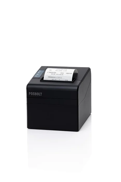 Compact desktop thermal receipt printer with a printed receipt