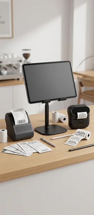 Tablet on a counter stand beside compact receipt and label printers