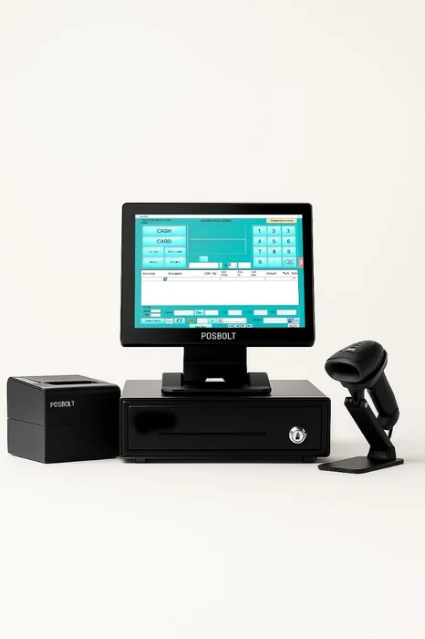 Black touchscreen POS terminal with a receipt printer and scanner