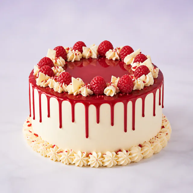 Premium raspberry celebration cake prepared for a Bloomlytix product page