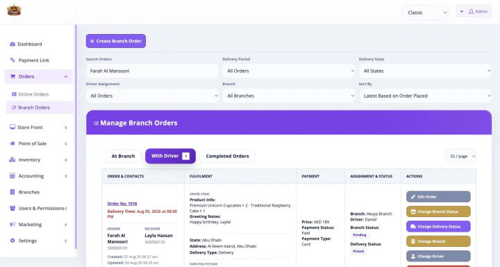 Bloomlytix bakery delivery queue with assigned driver and live delivery status
