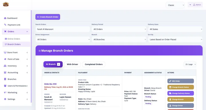 Bloomlytix bakery order fulfilment queue with product, payment, branch, driver and preparation status