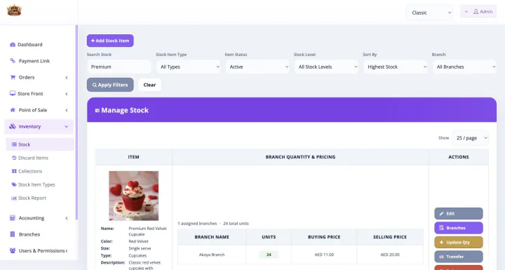 Bloomlytix inventory with a real product, branch quantity and AED stock pricing