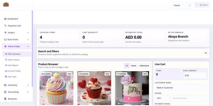 Bloomlytix bakery point of sale with live branch stock, AED pricing and walk-in checkout