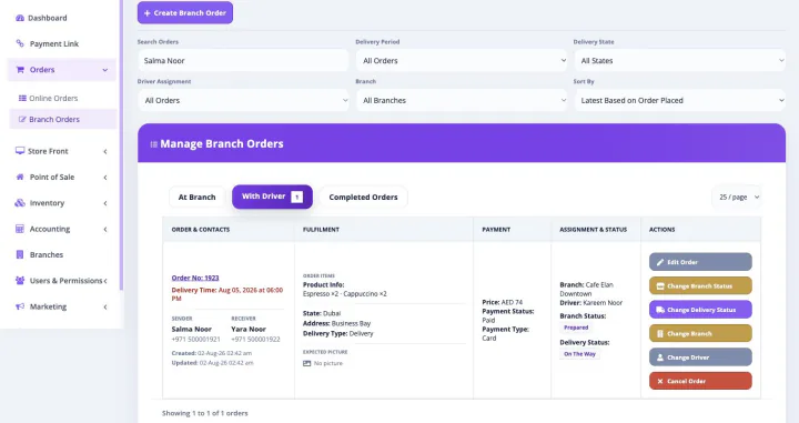 Bloomlytix cafe delivery queue with assigned driver, order details and live delivery status