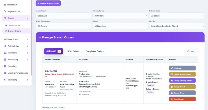 Bloomlytix order fulfilment queue with items, payment, branch, driver and preparation status
