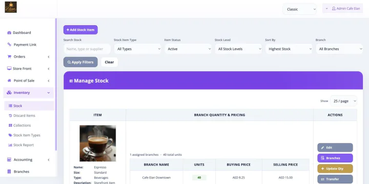 Bloomlytix cafe inventory with a real beverage, branch quantity and AED stock pricing