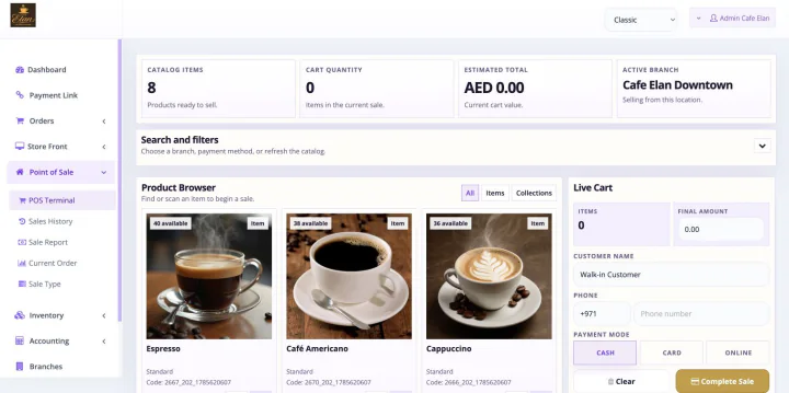 Bloomlytix cafe POS with coffee products, branch availability, AED pricing and checkout controls