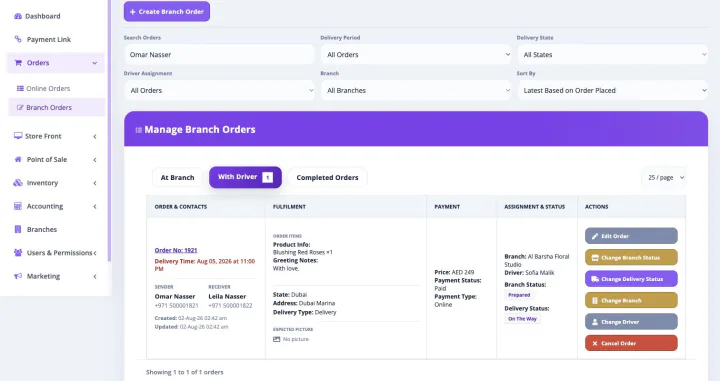 Bloomlytix florist delivery queue with bouquet details, assigned driver and live delivery status