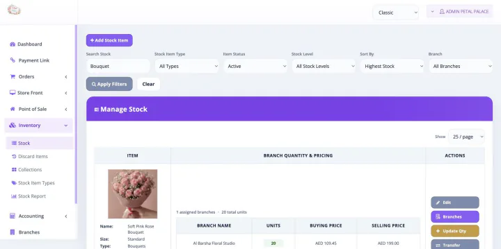 Bloomlytix florist inventory with a real bouquet, branch quantity and AED stock pricing
