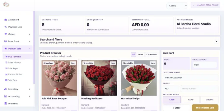 Bloomlytix florist POS with real bouquets, branch availability, AED pricing and checkout controls