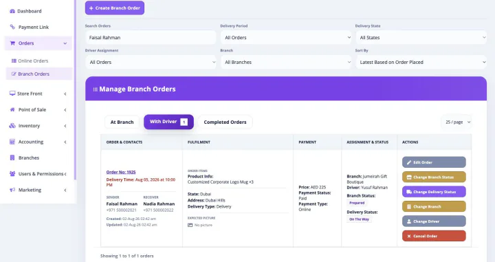 Bloomlytix delivery management queue with an assigned driver and live delivery status