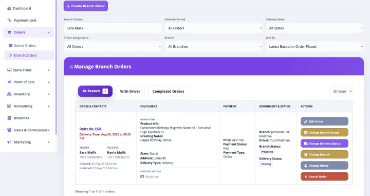 Bloomlytix gift shop fulfilment queue with personalization, payment, branch, driver and preparation status