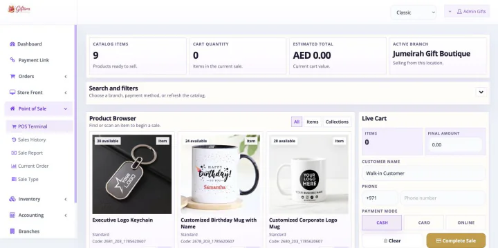 Bloomlytix gift shop POS with real products, branch availability, AED pricing and checkout controls