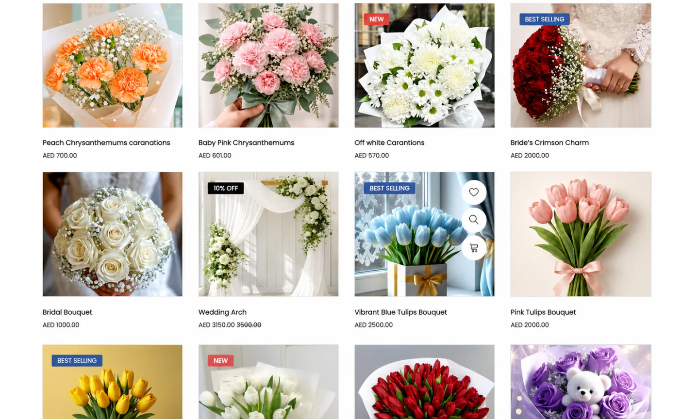 Bloomlytix florist ecommerce catalogue with bouquets, wedding flowers and promotional product badges