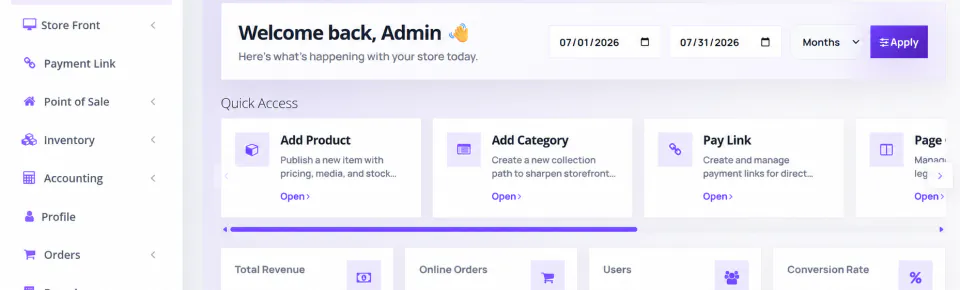 Bloomlytix owner and manager dashboard with quick actions and connected performance metrics