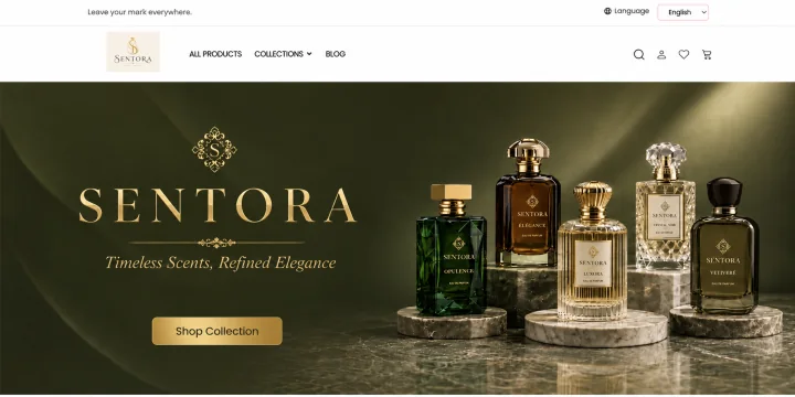 Sentora perfume ecommerce storefront with fragrance collections and branded shopping controls