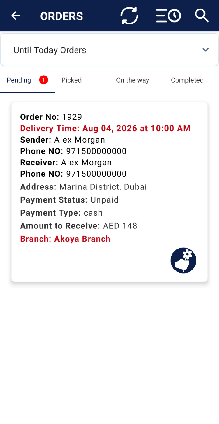 Bloomlytix Driver App order queue showing an assigned delivery in Dubai