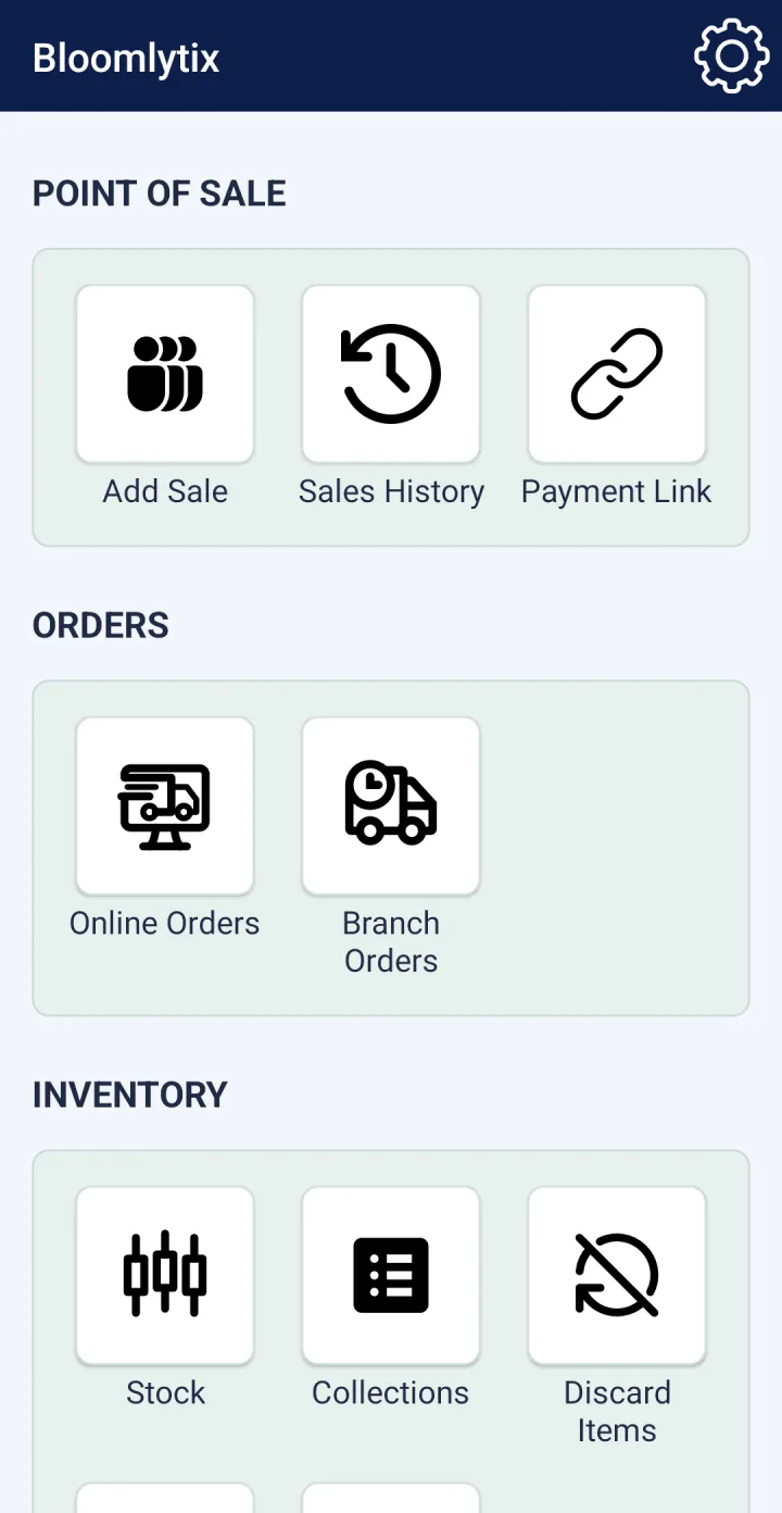 Bloomlytix Staff App operations menu showing POS, order and inventory tools