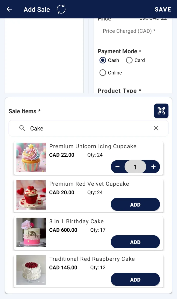 Bloomlytix Point of Sale showing bakery products, stock quantities and checkout controls